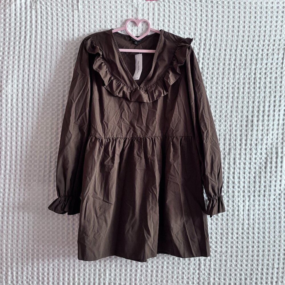 Miss Selfridge long sleeve brown ruffle collar dress NWT Size US10